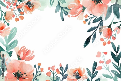 Watercolor floral painted pattern frame with empty space for design. Elegant flowers and leaves. AI generating