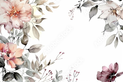 Watercolor floral painted pattern frame with empty space for design. Elegant flowers and leaves. AI generating