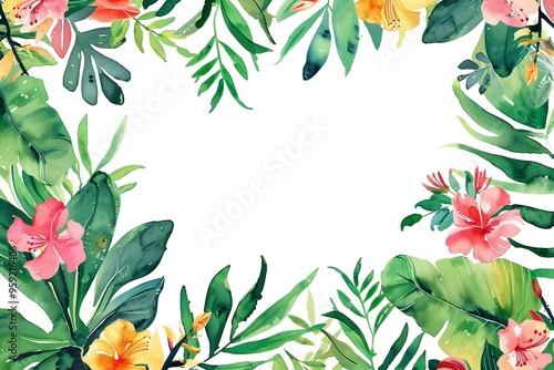 Watercolor floral painted pattern frame with empty space for design. Elegant flowers and leaves. AI generating