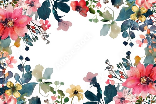 Watercolor floral painted pattern frame with empty space for design. Elegant flowers and leaves. AI generating