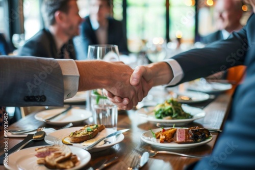 a group of people sitting at a table shaking hands business lunch sealing important deals photo