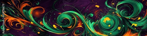 Chaotic green and orange on purple, highlighted by dynamic yellow.