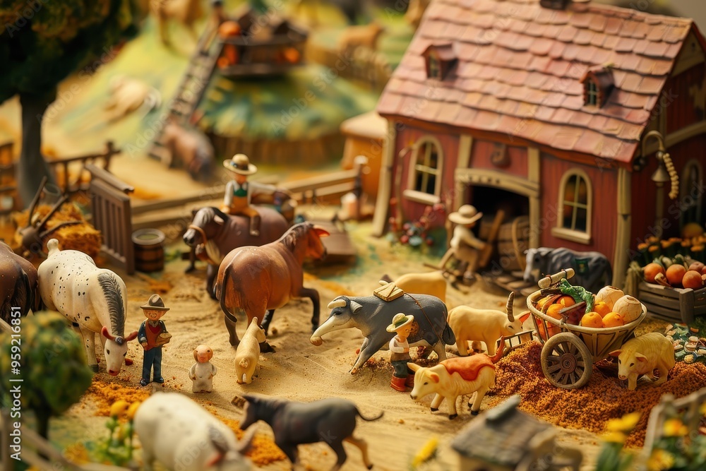 Fototapeta premium a toy farm with a horse and a wagon bustling farmyard scene with animals and farmers at work