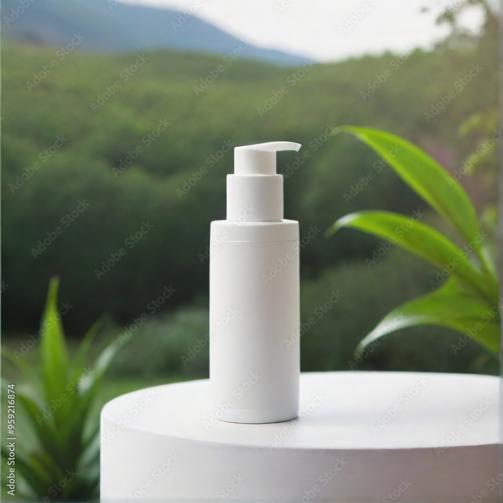 Minimalist White Cosmetic Bottle on Nature Background mockup Minimalist White Cosmetic Bottle on Nature Background mockup