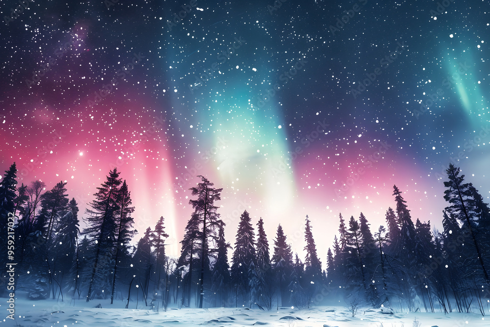Fototapeta premium Northern lights over snowy forest landscape