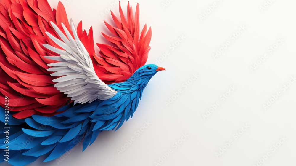 Fototapeta premium Vibrant paper-crafted bird with red, white, and blue feathers soaring on a white background, symbolizing creativity and freedom.
