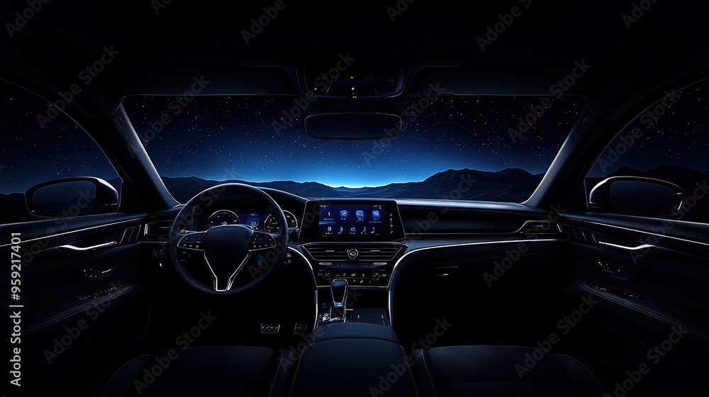 A car at night, facing the mountains and sky, is seen from the driver's perspective A car at night, facing the mountains and sky, is seen from the driver's perspective