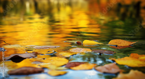 Um close-up encantador de folhas de outono flutuando na costa de um lago imaculado com folhagens vibrantes refletidas na água límpida, criando uma paisagem de outono visualmente deslumbrante photo