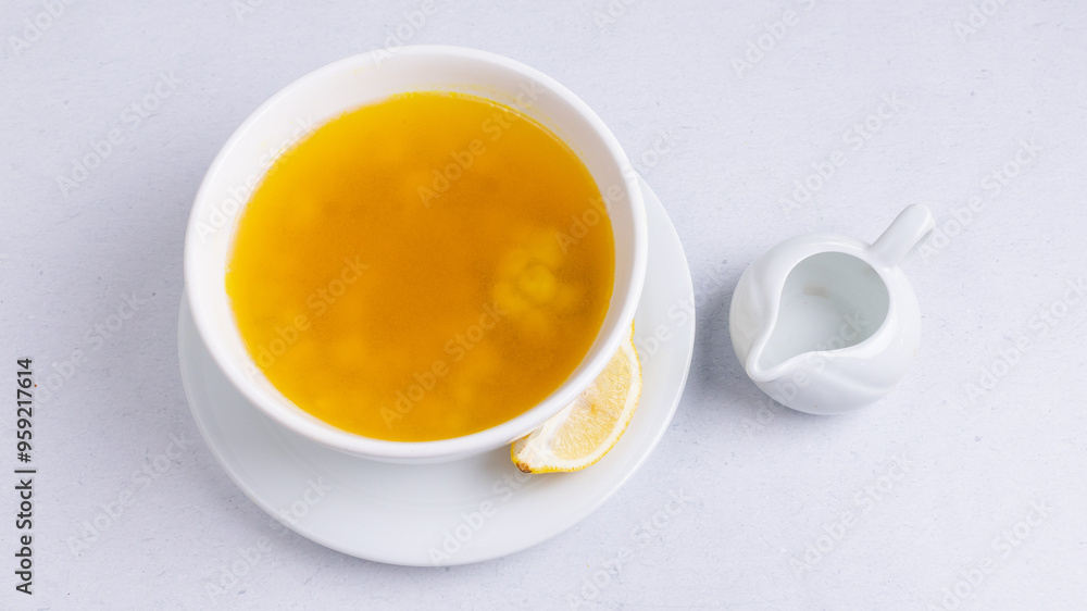 Chicken soup bowl top view isolated Chicken soup bowl top view isolated