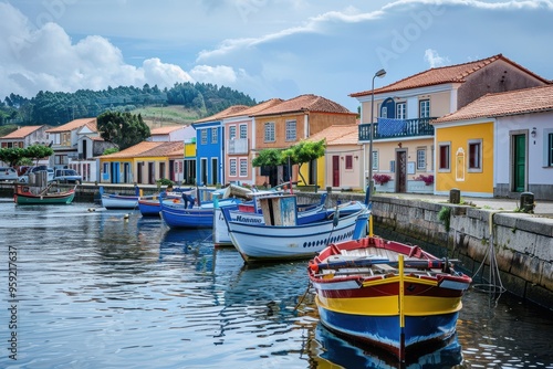 a row of boats docked in a harbor charming coastal village with colorful fishing boats