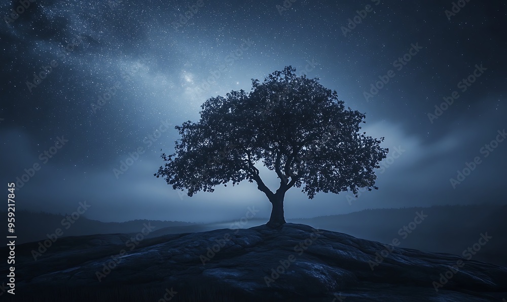 Solitary Tree Silhouetted Against a Starry Night Sky Solitary Tree Silhouetted Against a Starry Night Sky