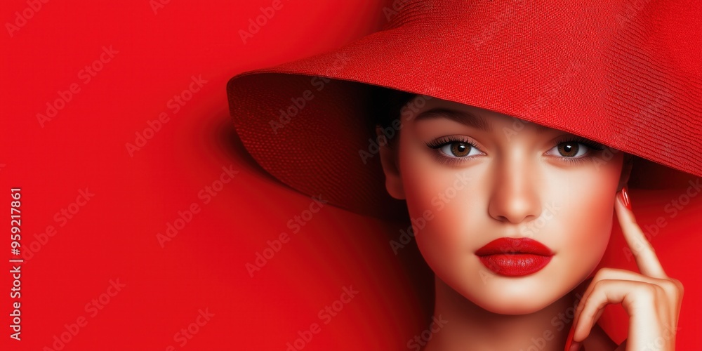 Women in red against a red background wearing a red hat looking at the camera Women in red against a red background wearing a red hat looking at the camera