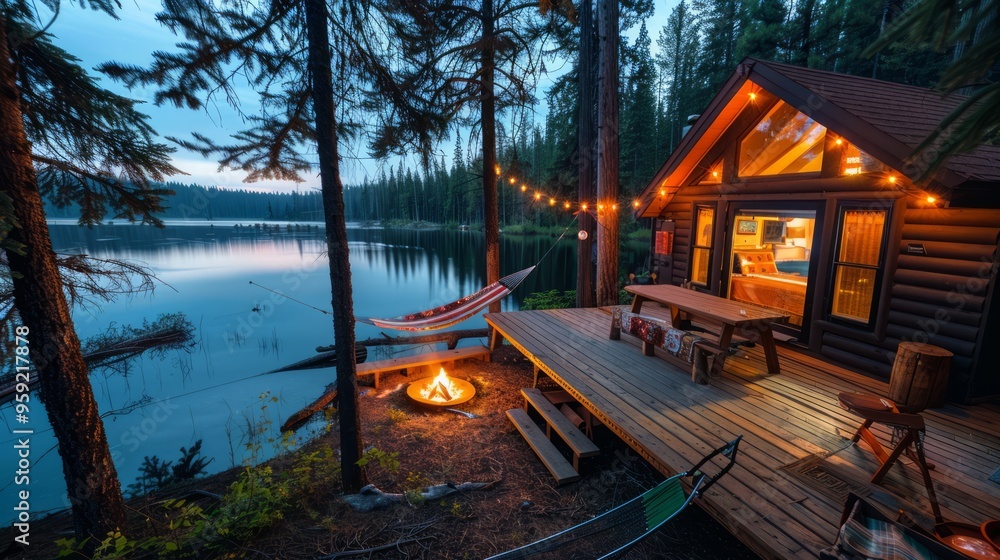 Obraz premium a cozy summer cabin by the lake with a wooden deck, a hammock, and a bonfire, surrounded by pine trees and reflecting a peaceful summer retreat, with copy space for text