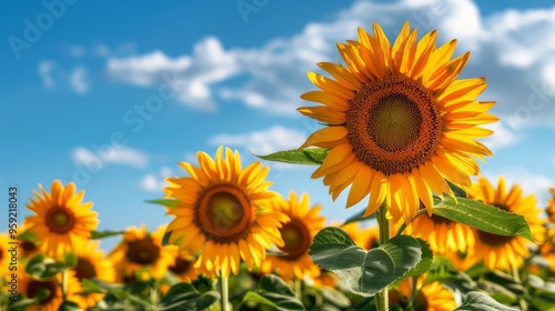 a vibrant summer field of sunflowers with their bright yellow blooms reaching towards the sun, against a backdrop of clear blue skies and fluffy white clouds, evoking a joyful summer feeling, with