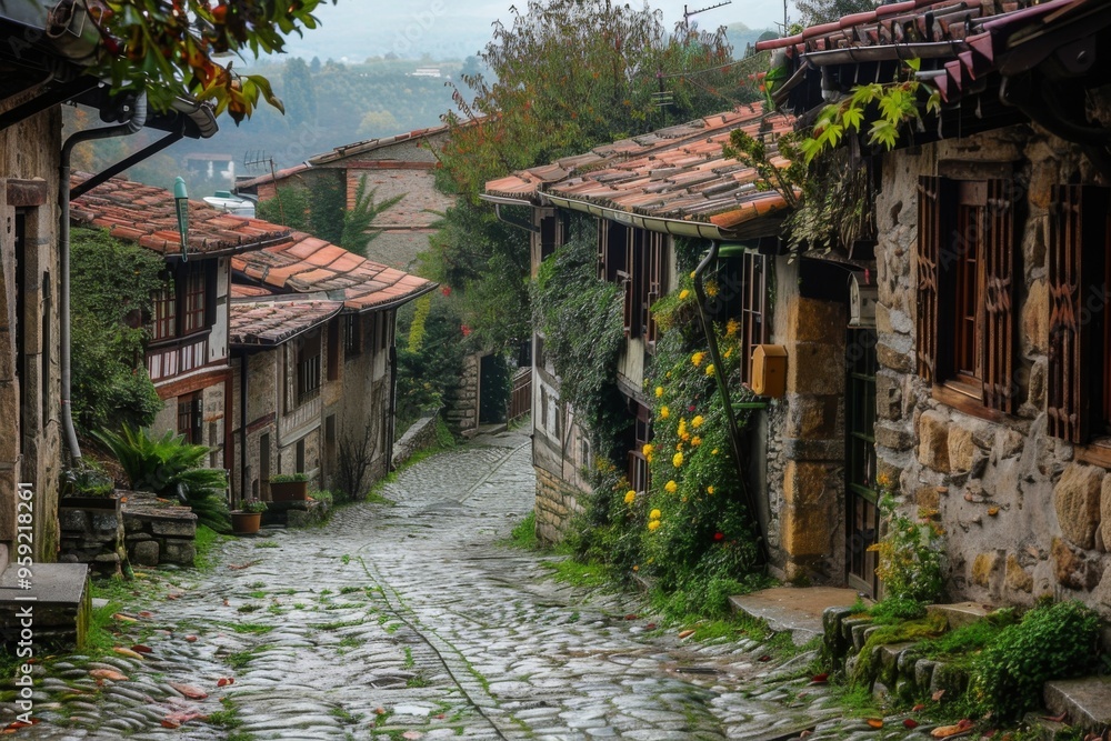a cobblestone street with a stone path between two buildings charming village with winding cobblestone streets a cobblestone street with a stone path between two buildings charming village with winding cobblestone streets