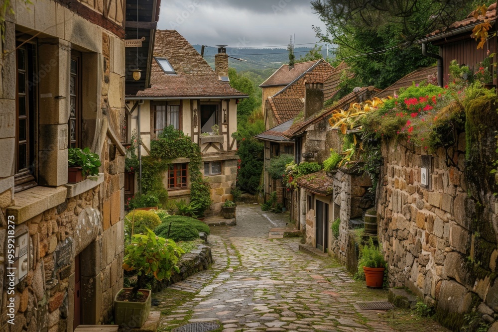 a cobblestone street with a stone path between two buildings charming village with winding cobblestone streets a cobblestone street with a stone path between two buildings charming village with winding cobblestone streets