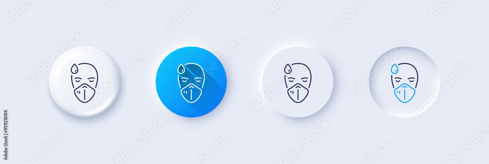 Sick man with medical mask line icon. Neumorphic, Blue gradient, 3d pin buttons. Safety respiratory mask sign. Coronavirus face protection symbol. Line icons. Vector Sick man with medical mask line icon. Neumorphic, Blue gradient, 3d pin buttons. Safety respiratory mask sign. Coronavirus face protection symbol. Line icons. Vector
