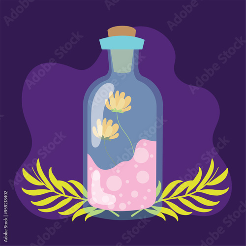 Potion bottle with flowers on dark background Vector