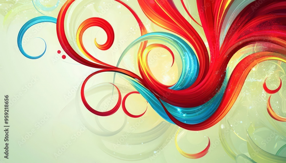 Dynamic yellow highlights on light green with red swirls and blue touches. Dynamic yellow highlights on light green with red swirls and blue touches.