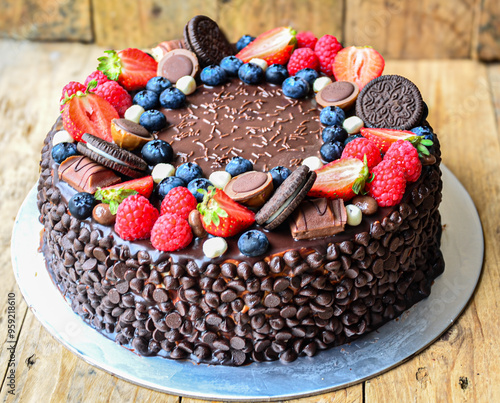 A chocolate cake with strawberries, blueberries, and oatmeal cookies on top. The cake is decorated with chocolate chips and has a rustic, homemade feel