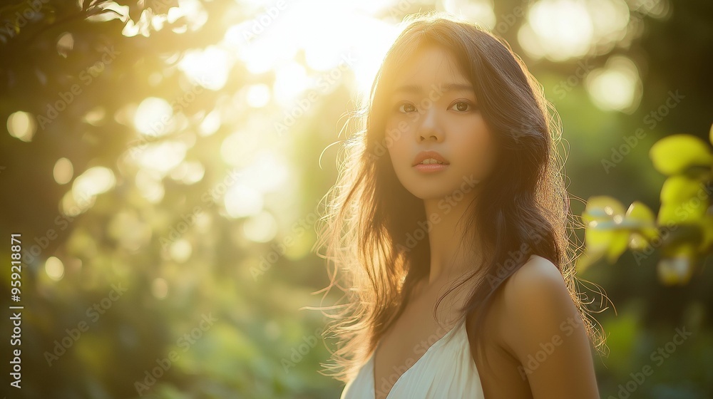 Image of a serene young asian woman with flowing hair, standing in nature with golden sunlight softly illuminating the background. Image of a serene young asian woman with flowing hair, standing in nature with golden sunlight softly illuminating the background.
