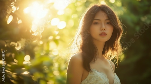 Image of a serene young asian woman with flowing hair, standing in nature with golden sunlight softly illuminating the background.