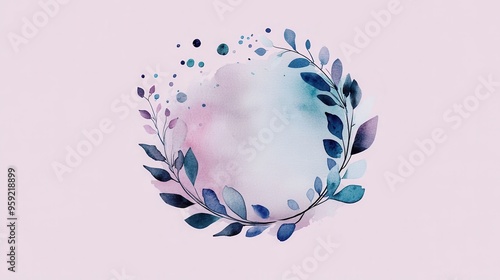 Elegant watercolor wreath with blue leaves and soft pastel background photo