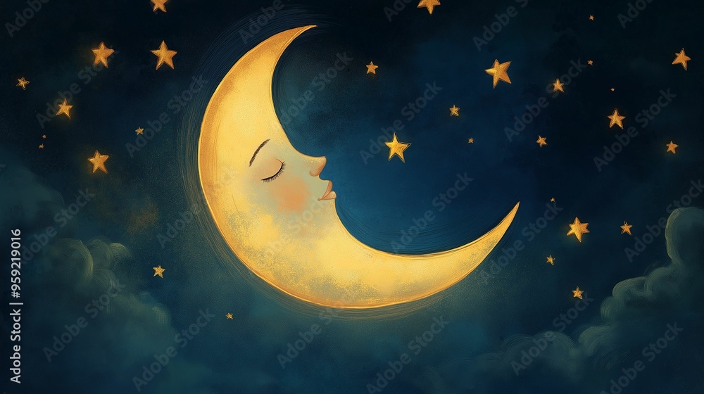 Naklejka premium Charming illustration of a crescent moon with a serene face surrounded by glowing stars against a dark blue night sky.