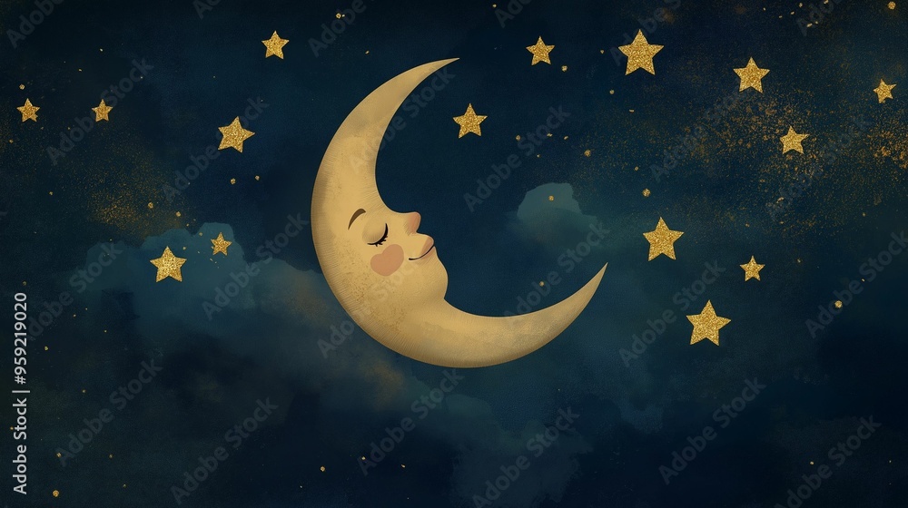 Naklejka premium Charming illustration of a crescent moon with a serene face surrounded by glowing stars against a dark blue night sky.