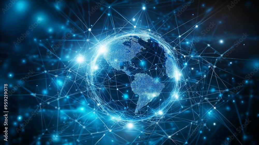 Naklejka premium A futuristic digital rendering of the Earth surrounded by glowing network connections.