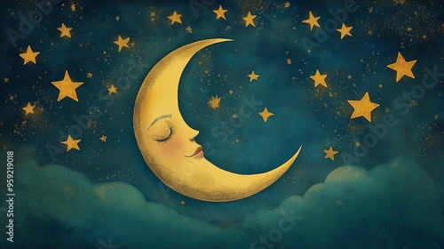 Charming illustration of a crescent moon with a serene face surrounded by glowing stars against a dark blue night sky.