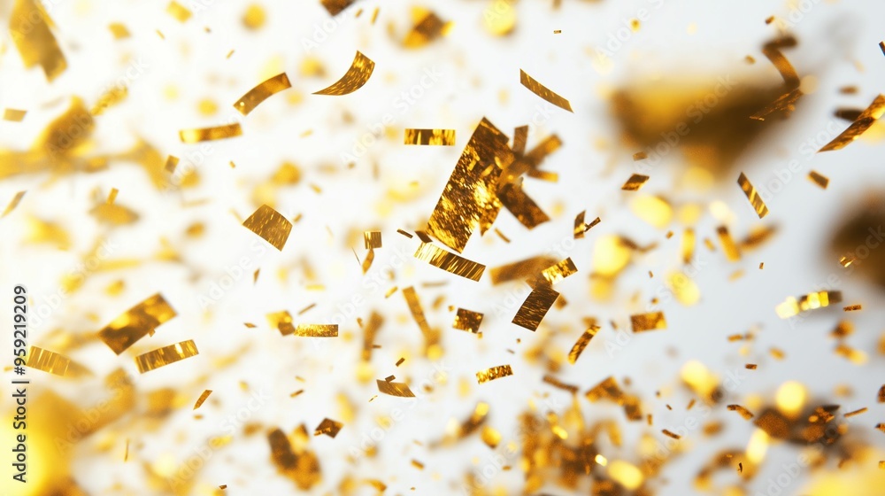 A vibrant image of golden confetti floating in the air, illuminated by soft light.