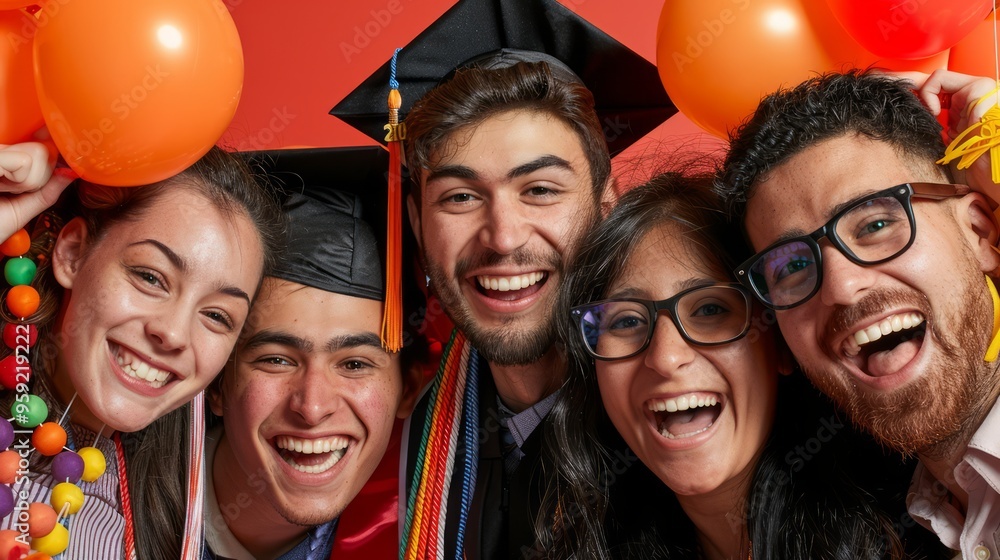 custom made wallpaper toronto digitalgraduates celebrating with a photo booth, using props and taking fun pictures with friends and family, capturing the joyous moments of the day, with ample copy space for text