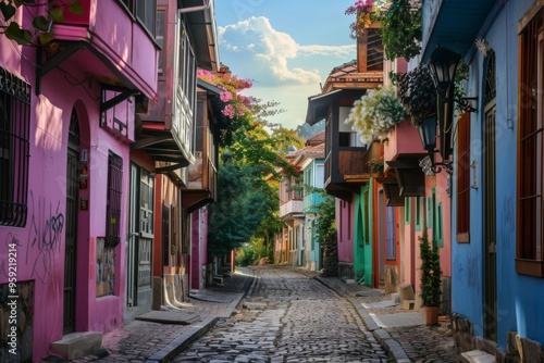 a cobblestone street with colorful buildings and flowers cobbled street lined with colorful houses