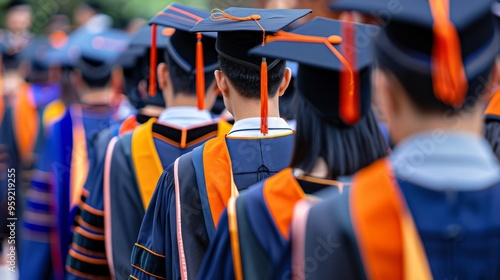 graduates wearing academic regalia, engaging in a traditional graduation march or procession, displaying a sense of pride and accomplishment, with copy space for text