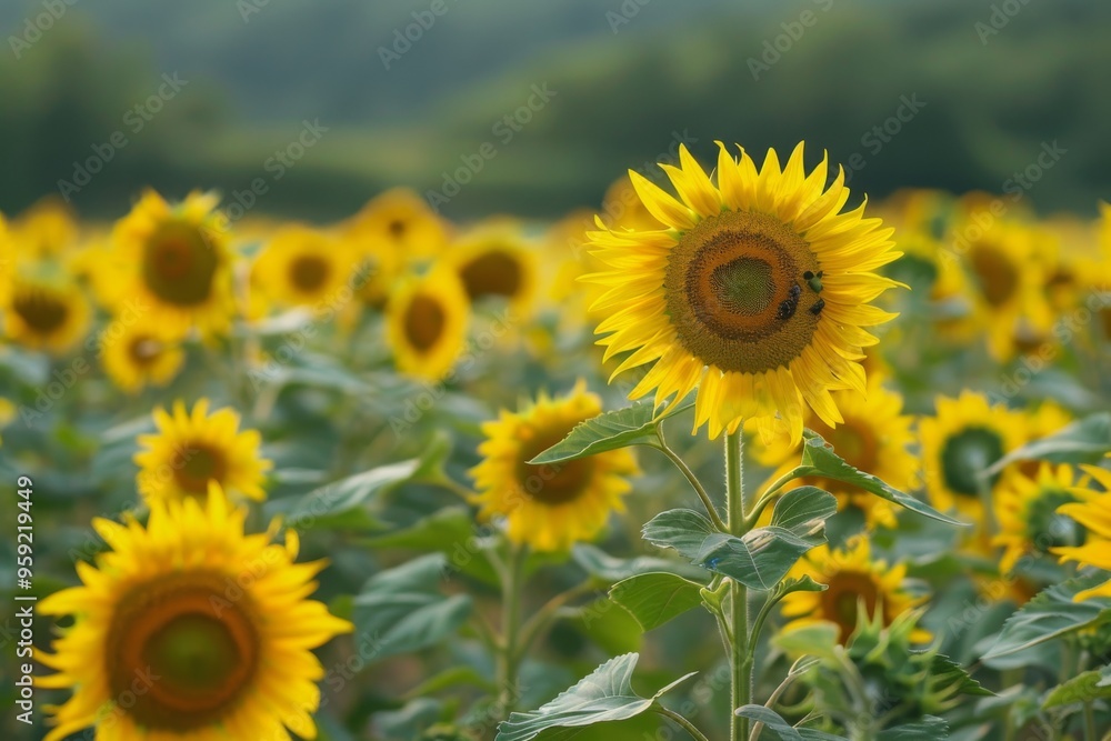 Fototapeta premium a field of sunflowers with a bee on it field of sunflowers swaying in the breeze