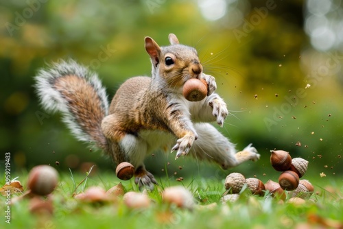 a squirrel is standing on its hind legs and reaching for nuts frenzied squirrel collecting acorns during a squirrel Olympics photo