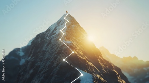 A straight line with dots along it, leading to the top of an animated mountain peak under bright sunlight