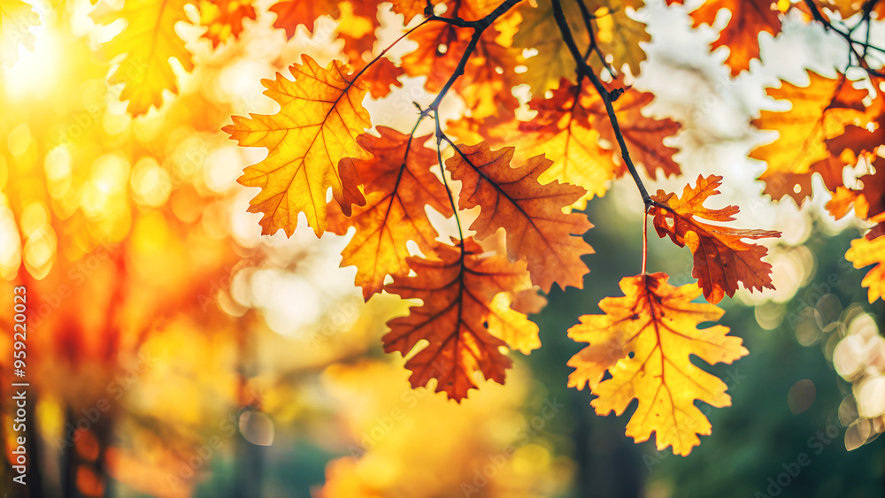 Branches with autumn yellow oak leaves hanging from above in an autumn park. Autumn background with leaves in the sunlit lights with bokeh. Beautiful nature background Branches with autumn yellow oak leaves hanging from above in an autumn park. Autumn background with leaves in the sunlit lights with bokeh. Beautiful nature background