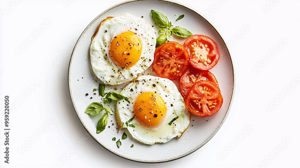 sunny side up eggs with tomato slices in plate sunny side up eggs with tomato slices in plate