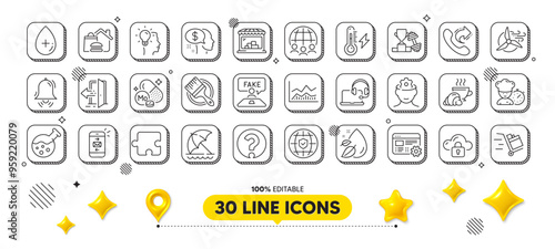 Question mark, Croissant and Clock bell line icons pack. 3d design elements. Chemistry lab, Share call, Food delivery web icon. Molybdenum mineral, Market, Global insurance pictogram. Vector