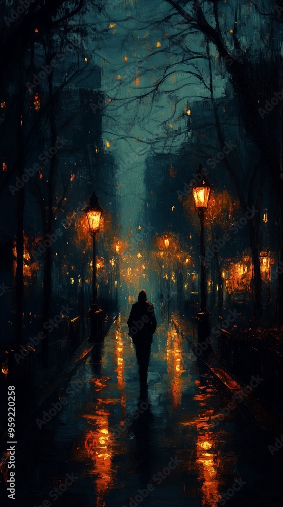 Fototapeta premium A solitary figure walks through a dimly lit park on a rainy evening, with glowing street lamps illuminating the cobblestone path