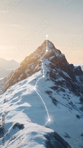 A straight line with dots along it, leading to the top of an animated mountain peak under bright sunlight