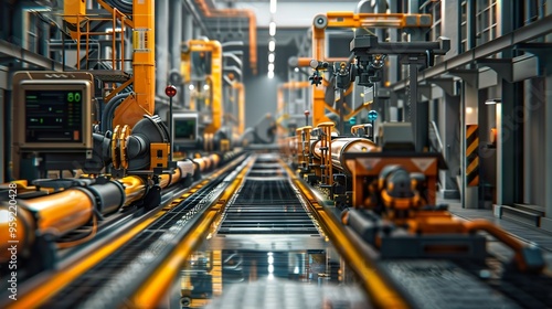 A factory assembly line with machinery in motion.