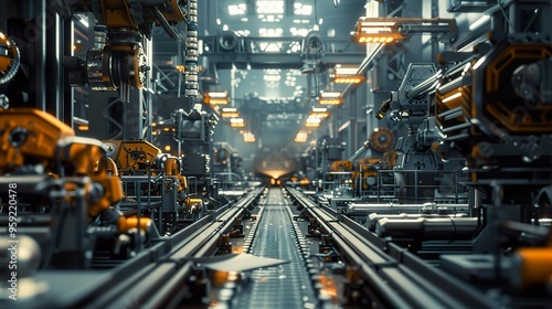 A factory assembly line with machinery in motion.