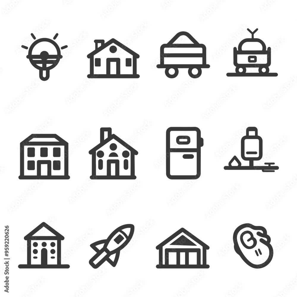Fototapeta premium Set of 12 Line Icons for Buildings Transportation and Technology