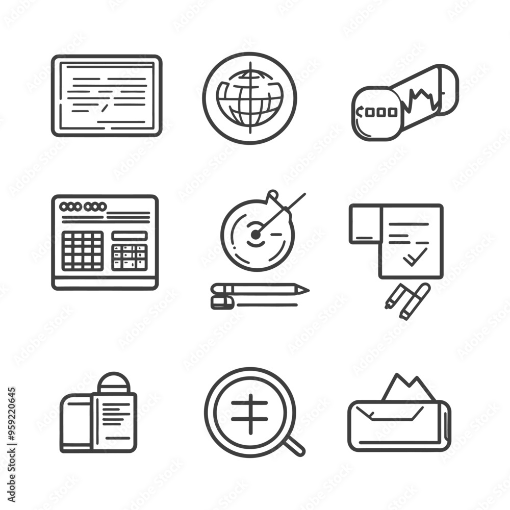 Nine Simple Black and White Line Icons Related to Business and Finance Nine Simple Black and White Line Icons Related to Business and Finance