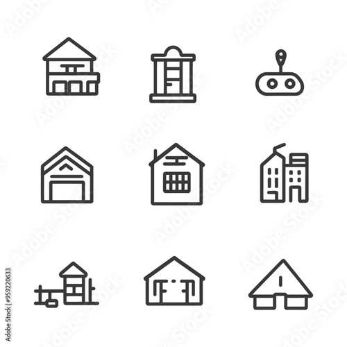 Set of Nine Line Drawings of Various Buildings