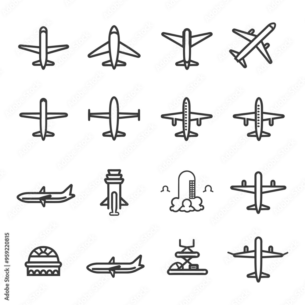 Airplane and Airport Icon Set in Outline Style Airplane and Airport Icon Set in Outline Style