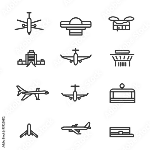 Nine Line Drawings of Airport Related Objects